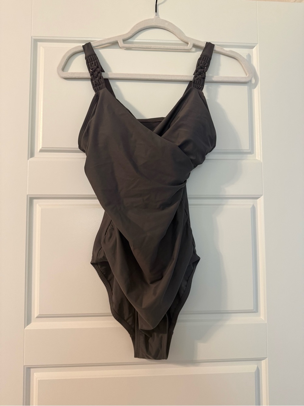 Women’s Gray One-Piece Swim Suit with Ruched Straps